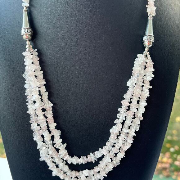 925 Pink Quartz 3 Strand Necklace 20" - Picture 1 of 8